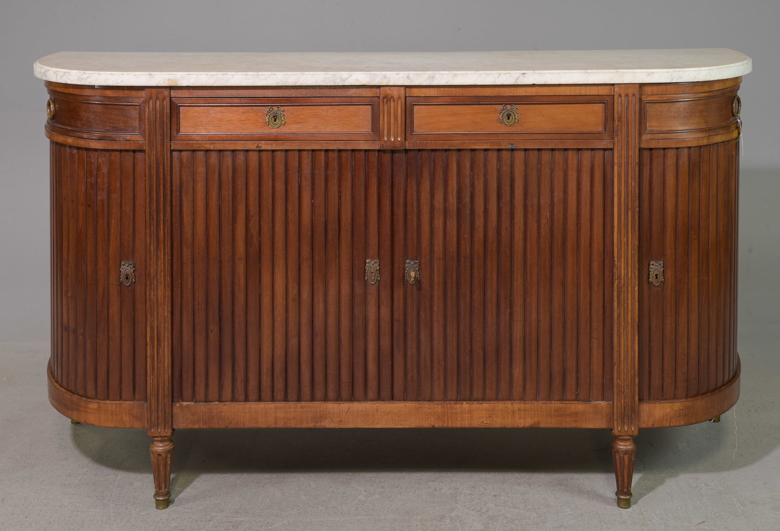 Louis XVI Style Marble Top Curved Mahogany Sideboard: French Louis XVI Style Marble Top Curved Mahogany Sideboard / Enfilade with Reeded Doors - 40 in tall x 71 x 21