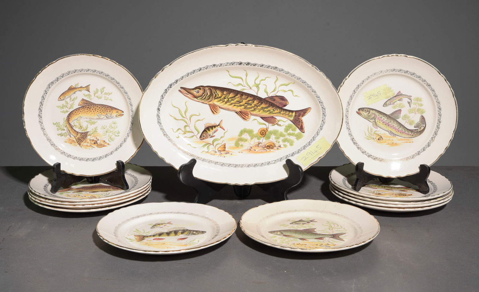13pc French Fish Plate Set - Platter & 12 Plates #3: 13pc French Fish Plate Set - Platter & 12 Plates - 1.5 in tall x 14.5 x 10