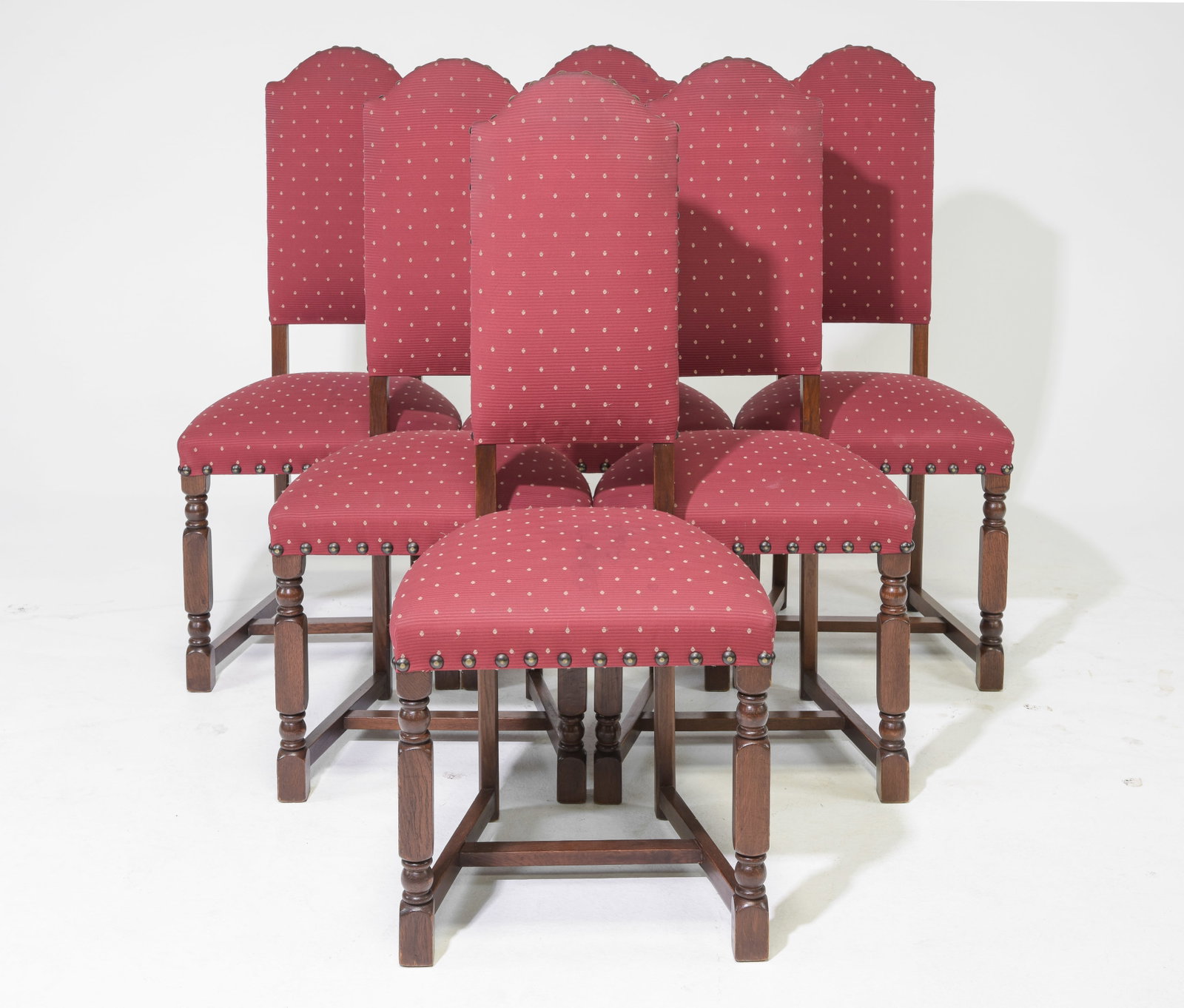 6 Red Upholstered Dining Chairs with Nail Heads: 6 Red Upholstered Dining Chairs with Nail Heads - 43.5 in tall x 19 x 19, seat height is 19 inches
