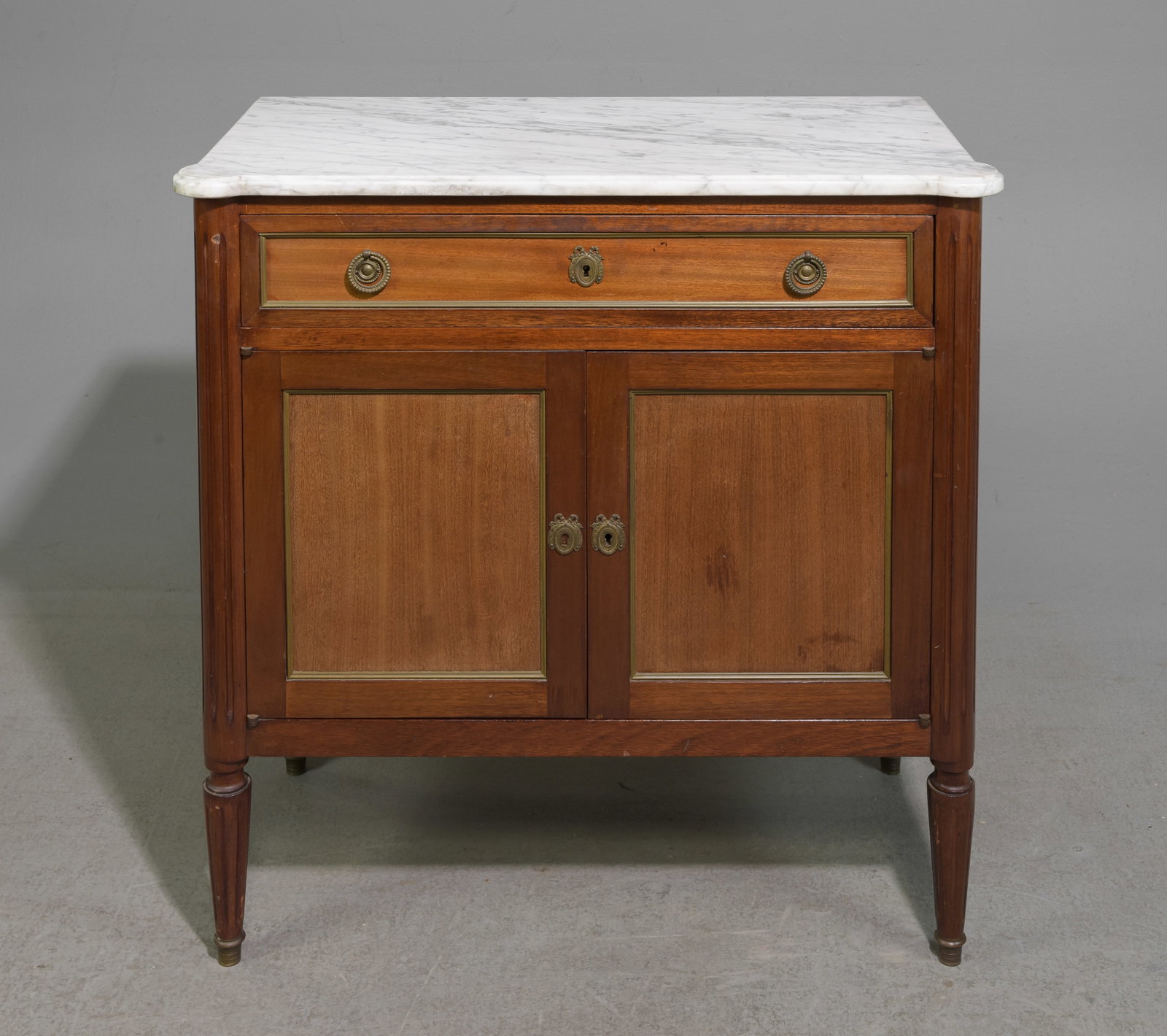 Louis XVI Style Mahogany White Marble Top Buffet: French Louis XVI Style Mahogany White Marble Top Buffet - 33 in tall x 32 x 16