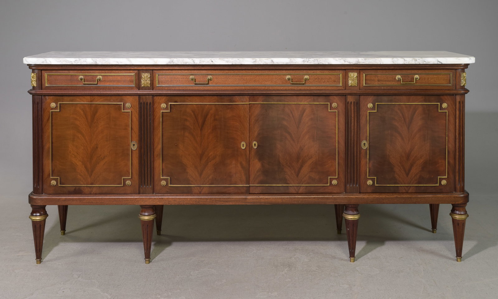 Louis XVI Style White Marble Top Mahogany Sideboard #2: French Louis XVI Style White Marble Top Mahogany Sideboard / Enfilade - 41.5 in tall x 73.25 x 20