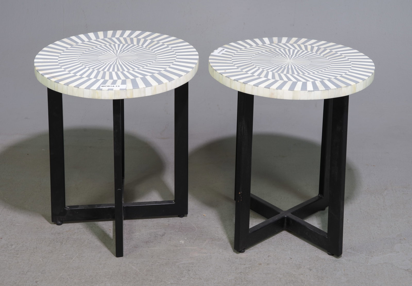 2 Grey & White Bone Inlaid Round Occasional Tables: 2 Modernist Grey & White Bone Inlaid Round Occasional Tables - 20.5 in tall x 18.5 in diameter each