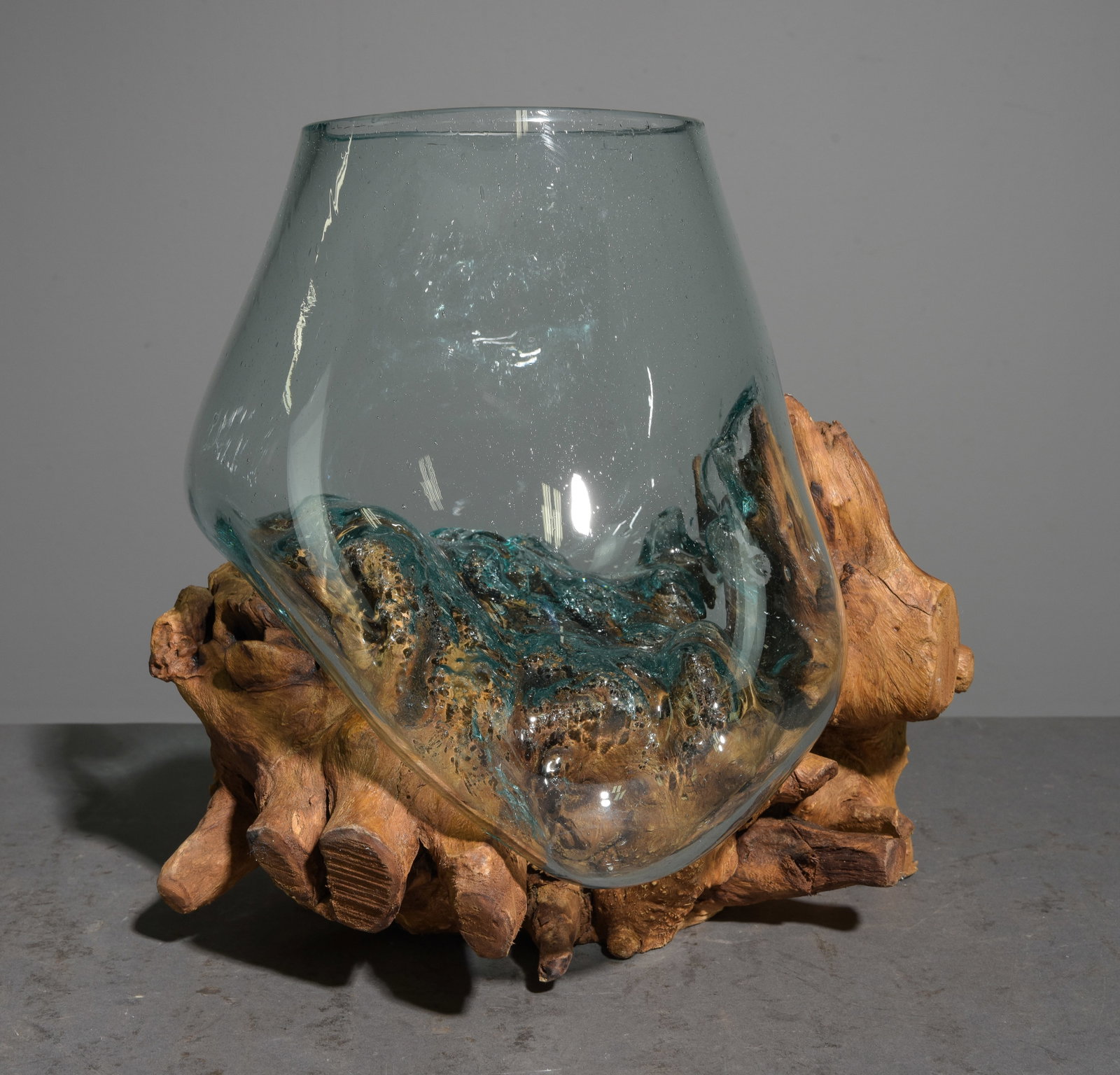 Hand Blown Large Molten Glass & Driftwood Terrarium #3: Hand Blown Large Molten Glass & Driftwood Terrarium - 14 in tall x 15 x 13