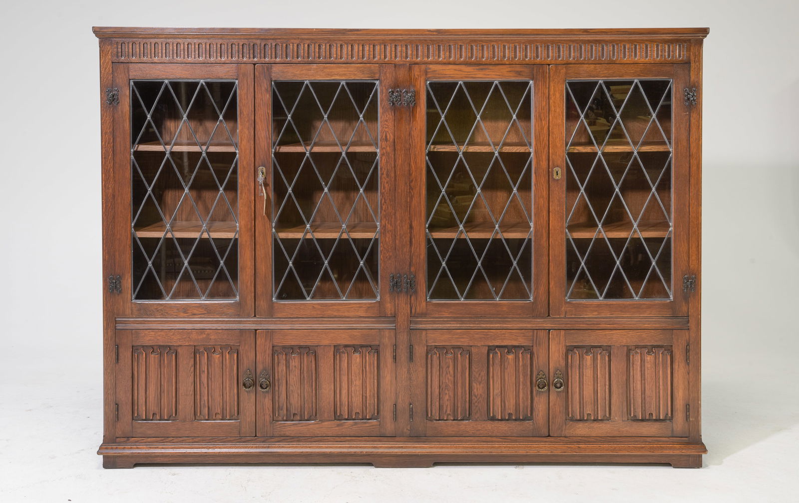British Oak Leaded Glass Four Door Bookcase c.1930's (1 of 3)