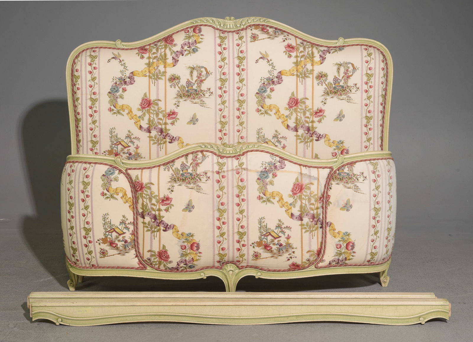 Louis XV Style Painted Upholstered Bed with Rails: French Louis XV Style Painted Upholstered Bed with Rails - Headboard is 50.5 in tall x 62 x 3.5, Rails are 67.5 inches long each - This bed is a European size which can usually be converted to an Amer