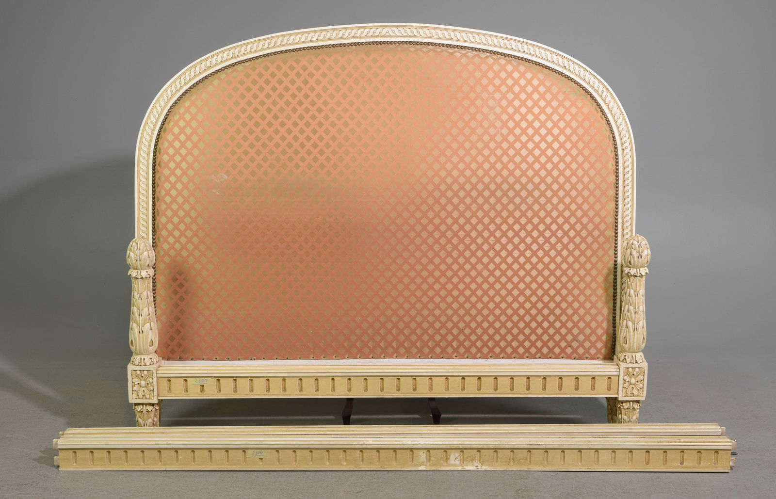 Louis XV Style Painted Upholstered Bed with Rails: French Louis XV Style Walnut Bed with Rails c.1920's-30's - Headboard is 49.5 in tall x 58 x 3.5, Rails are 75 inches long each - - This bed is a European size which can usually be converted to an Ame