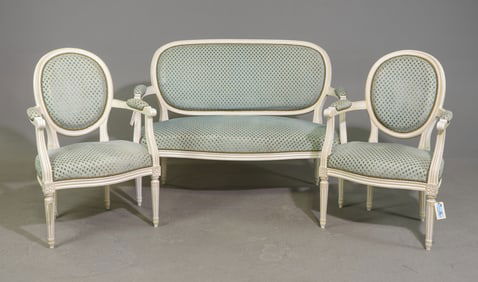 Louis XVI Style Painted Salon Suite - Settee & 2 Chairs