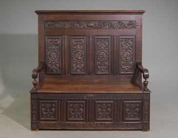French Renaissance Style Carved Oak Hall Bench