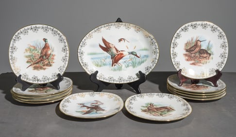 13pc French Limoges Pheasant / Hunt Plate Set