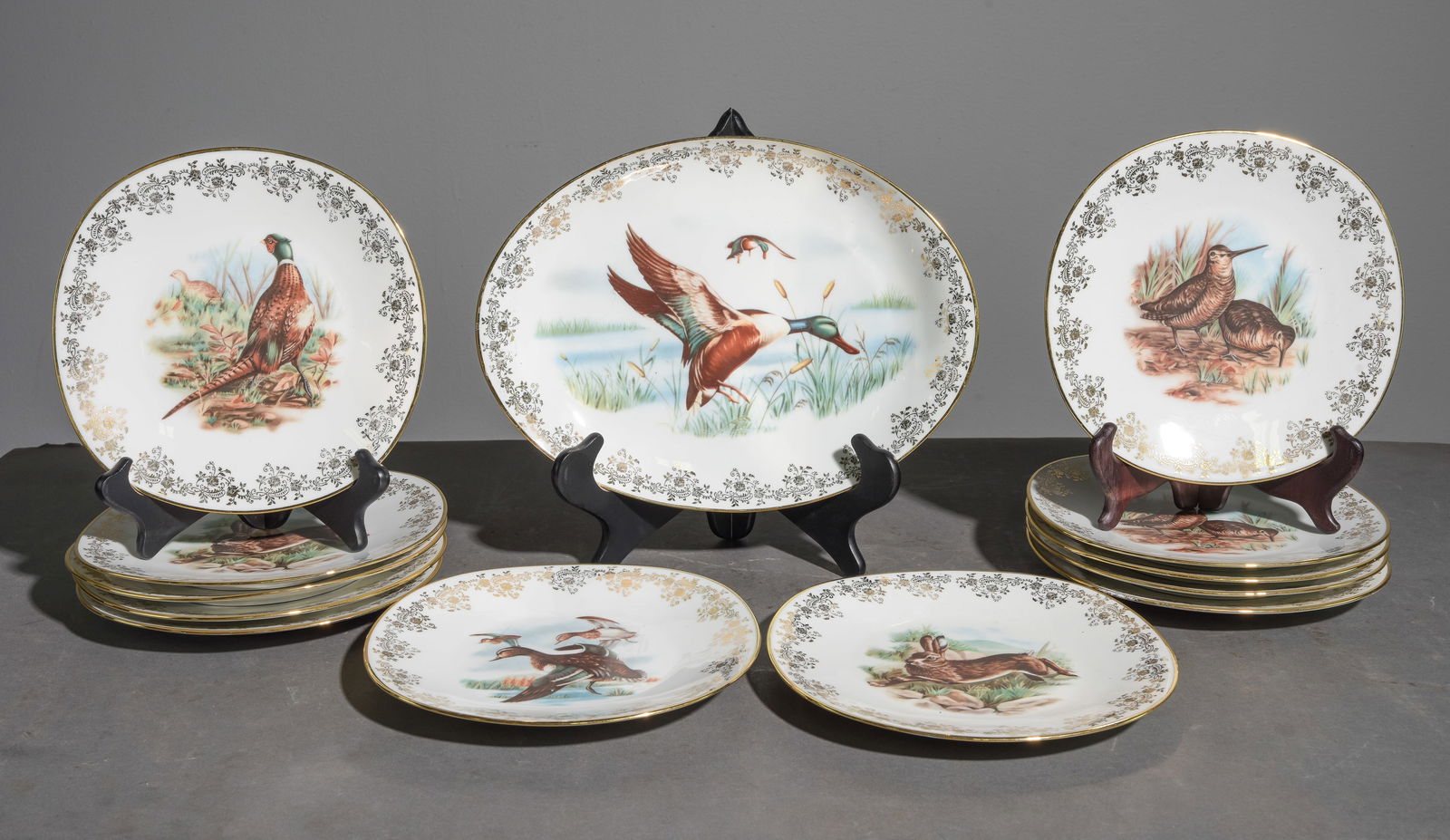 13pc French Limoges Pheasant / Hunt Plate Set (1 of 6)