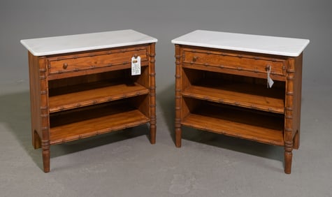 Faux Bamboo Pair of White Marble Top Occasional Tables