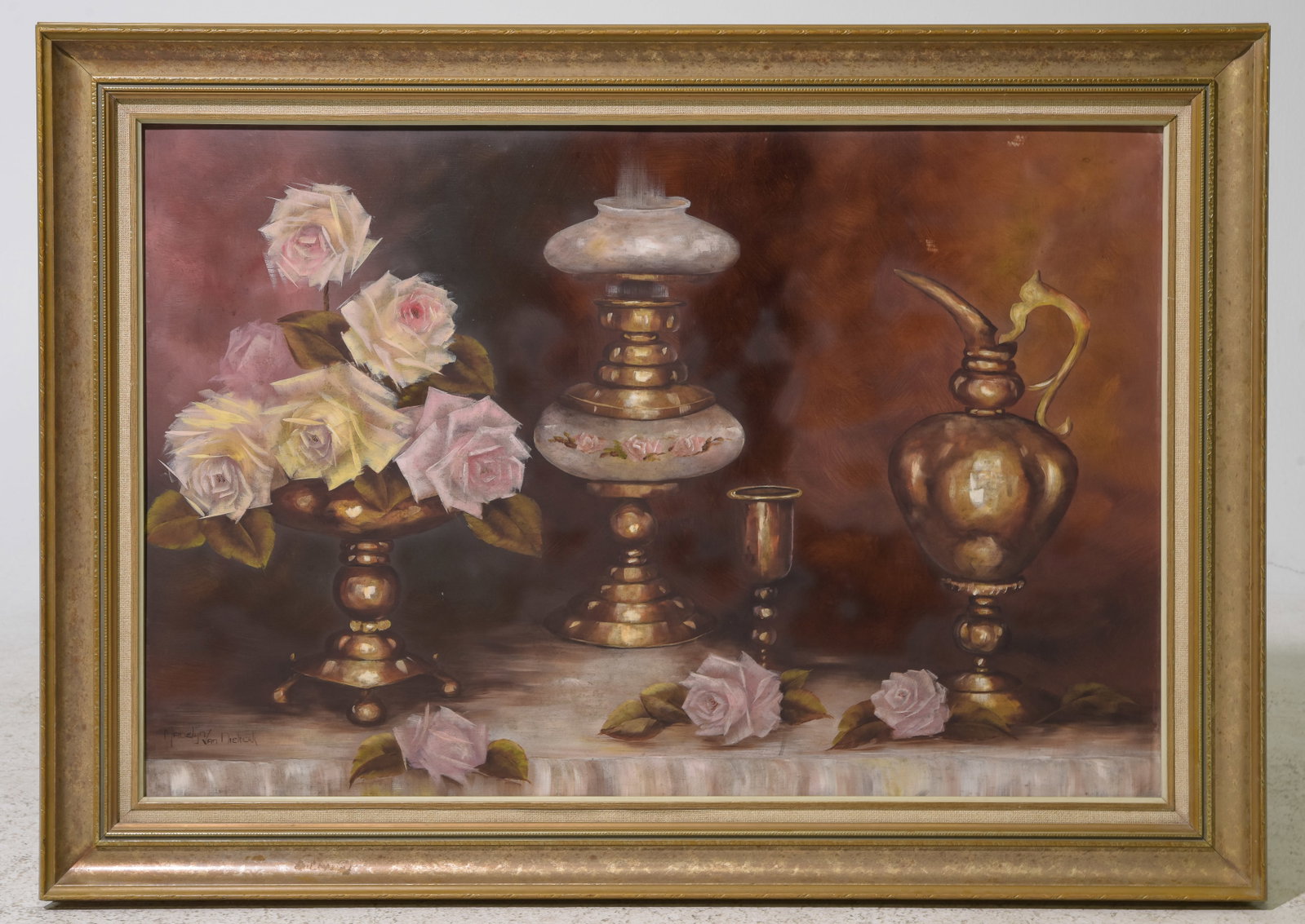French Gold Framed Still Life Art on Board: French Gold Framed Still Life Art on Board - 30 in tall x 42 x 1.5, The work itself is 23 x 35