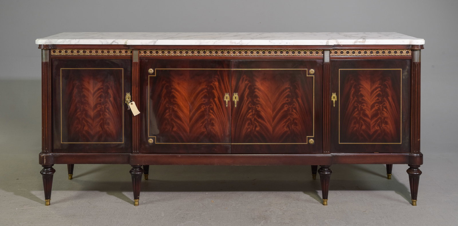 Louis XVI Style Mahogany White Marble Top Sideboard: French Louis XVI Style Mahogany White Marble Top Sideboard / Enfilade - 39 in tall x 90 x 22