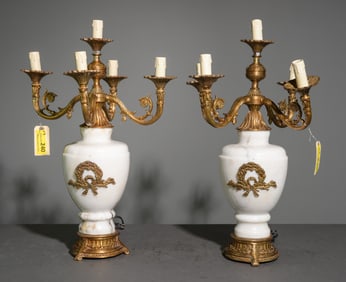 2 White Marble & Gilded Metal Candelabras