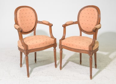Louis XVI Style Pair of Balloon Back Arm Chairs