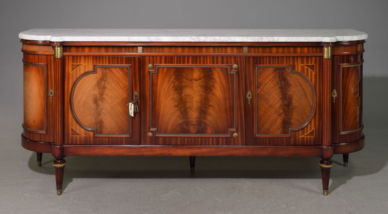 Louis XVI Style White Marble Top Mahogany Sideboard: French Louis XVI Style White Marble Top Mahogany Sideboard / Enfilade c.1940's-50's - 39.5 in tall x 93 x 23