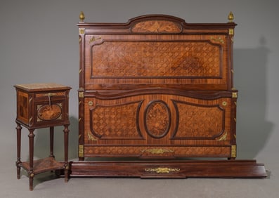 Louis XVI Style Bed With Rails & Marble Top Nightstand