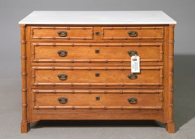 French Faux Bamboo White Marble Top Chest
