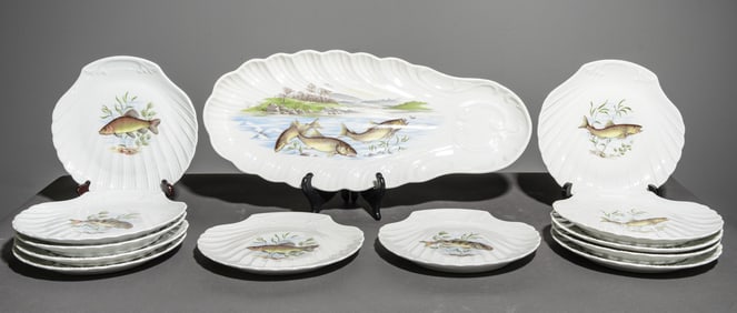 13pc French Fish Plate Set - Platter & 12 Plates