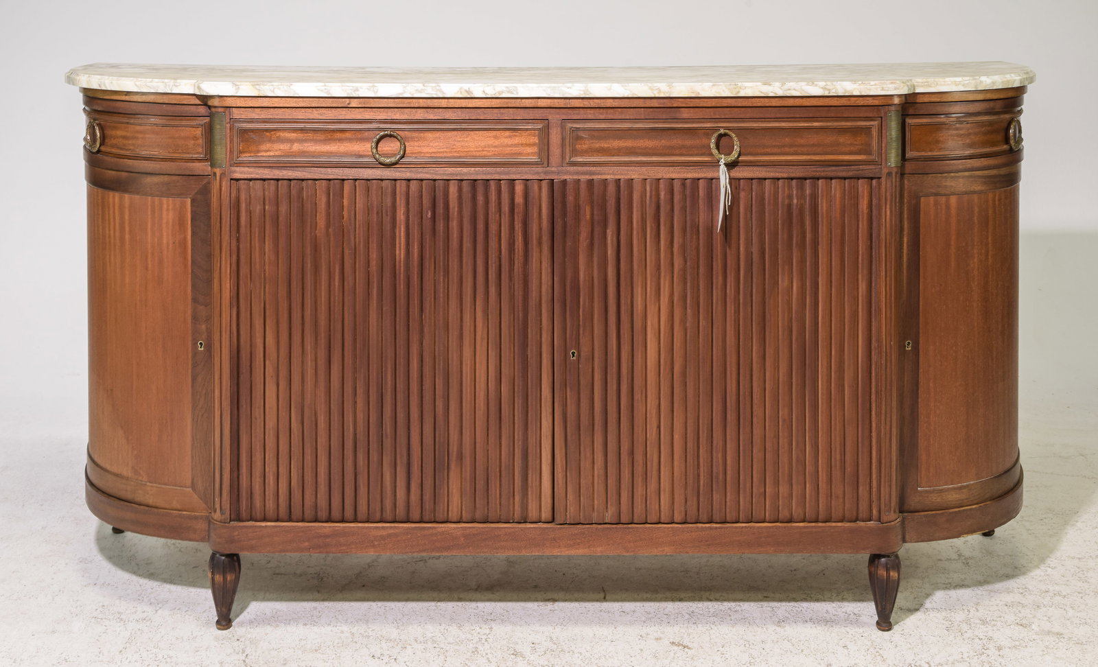 Louis XVI Style Marble Top Curved Sideboard: French Louis XVI Style Marble Top Curved Mahogany Sideboard / Enfilade with Reeded Doors c.1930's-40's - 41.25 in tall x 79.75 x 21.25