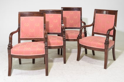 French Empire Style Set of 4 Walnut Arm Chairs