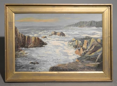 Gold Framed Coastal Art on Canvas Laid over Board