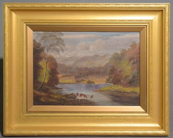 Gold Framed Oil on Board Landscape with Cows