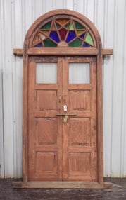 Large Wood Framed Arched Door with Stained Glass #1