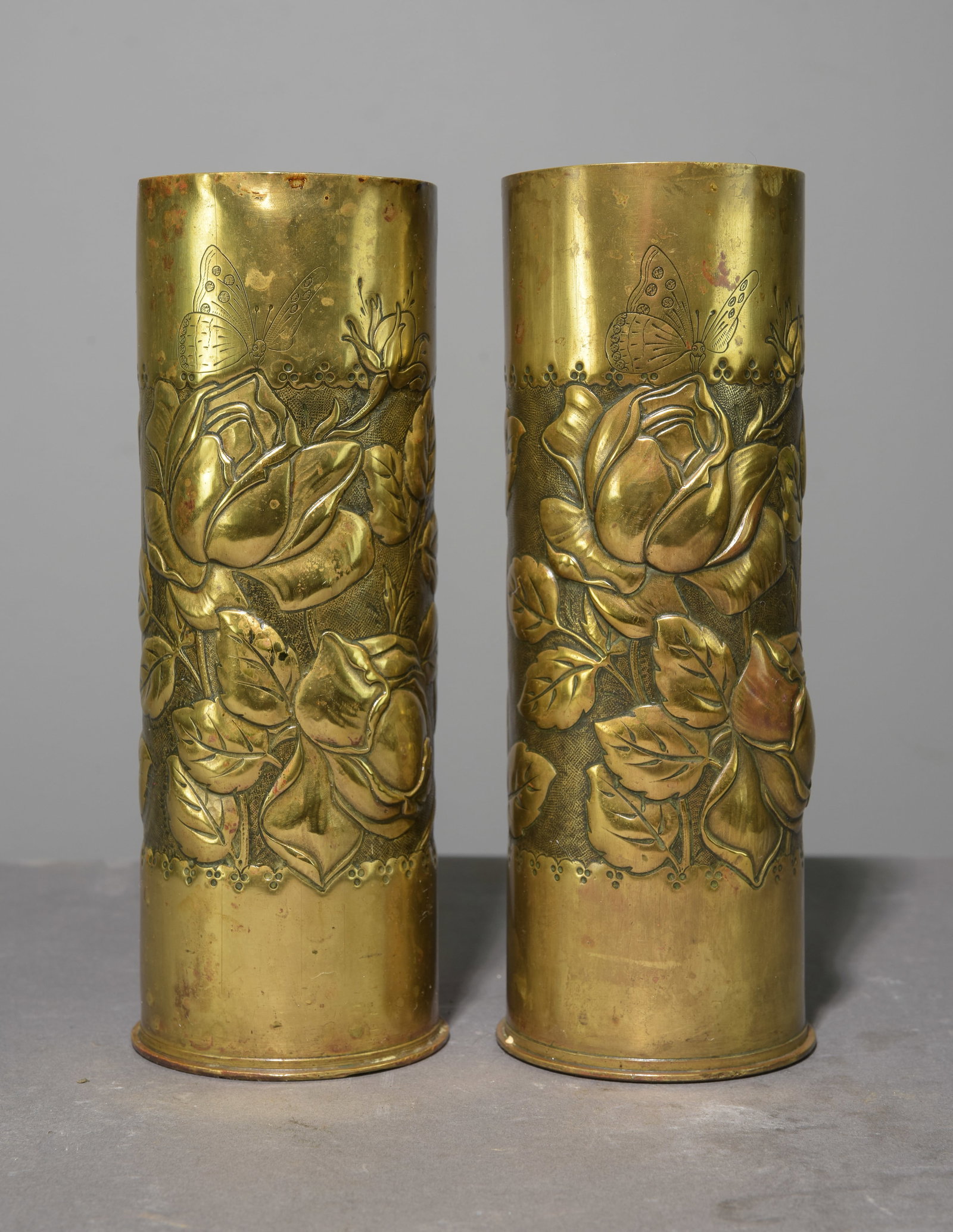 Pair of Brass Trench Art Vases: Pair of Brass Trench Art Vases - 9.25 in tall x 3 inch diameter