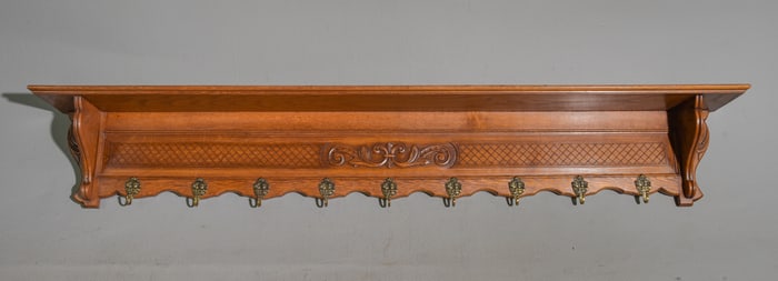 French Large Oak Wall Shelf with Hooks