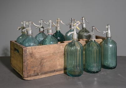 10 Blue Glass Seltzer Bottles In Wood Crate #2