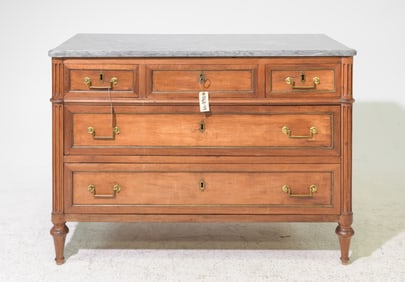 Louis XVI Style Grey Marble Top Five Drawer Chest