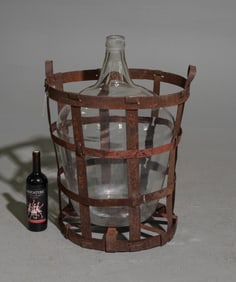 Large Glass Demijohn / Bottle / Carboy in Iron Basket