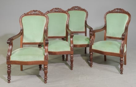 French Set of Four Walnut Parlor Arm Chairs