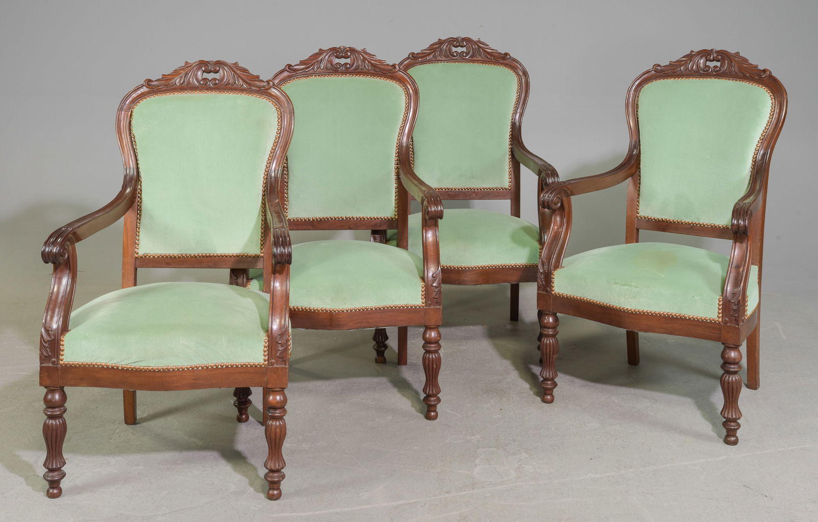 French Set of Four Walnut Parlor Arm Chairs: French Set of Four Walnut Parlor Arm Chairs - 39 in tall x 24 x 23 each with a seat height of 17 inches