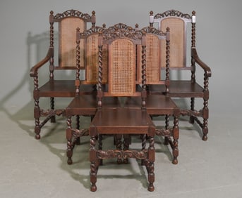 6 British Barley Twist Oak Dining Chairs c.1920's