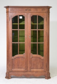 Double Door Oak Cupboard with Green Glass
