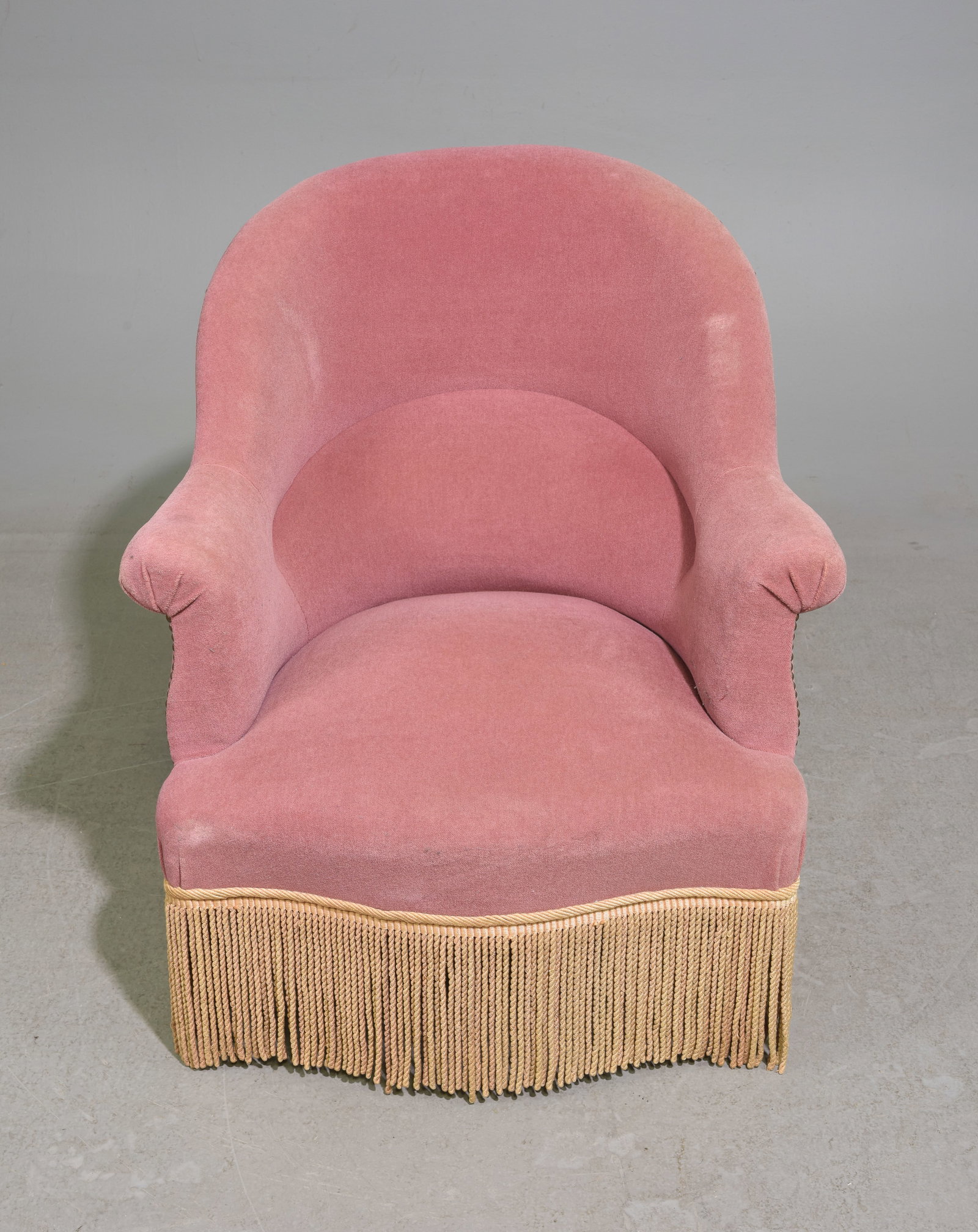 Napoleon III Style Crapeau Arm Chair with Fringed Skirt: French Napoleon III Style Crapeau Arm Chair with Fringed Skirt - 30.75 in tall x 27.75 x 26, Seat height is 12.25 inches