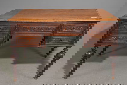 French Solid Oak Desk with Turned Legs c.1890's