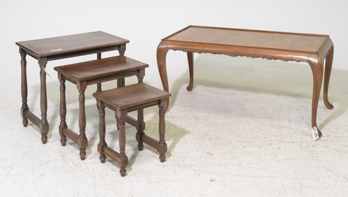 English Walnut Coffee Table & Oak Nest of Three Tables
