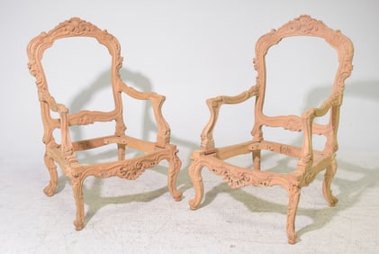 French Style Pair Of Carved Arm Chair Frames