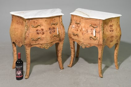 Two White Marble Top Burled Occasional Chests