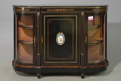 French Marquetry Inlaid Ebonized Credenza / Cabinet