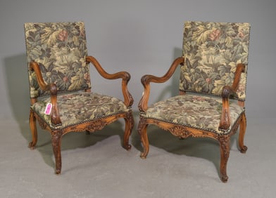 Louis XV Style Pair of Walnut Fireside Arm Chairs