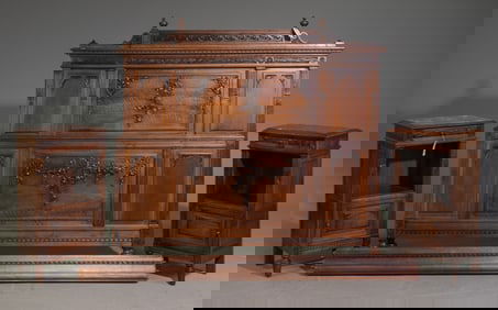 Louis XVI Style Walnut Bed with Rails & 2 Nightstands