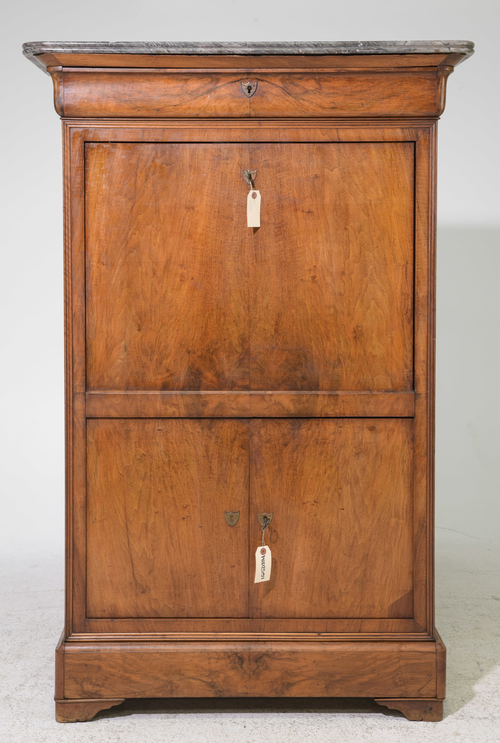 Louis Philippe Style Marble Top Secretary Abattant: French Louis Philippe Style Grey Marble Top Secretary Abattant c.1920's-30's - 60 in tall x 39.5 x 18