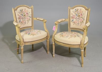 Louis XVI Style Pair of Painted Needlepoint Arm Chairs