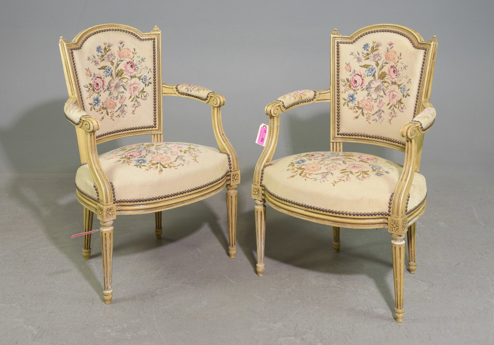 Louis XVI Style Pair of Painted Needlepoint Arm Chairs: French Louis XVI Style Pair of Painted Needlepoint Arm Chairs c.1920's-30's - 35 in tall x 23 x 21 each with a seat height of 16 inches each