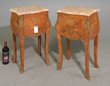 Louis XV Style Pair of Inlaid Marble Top Chests