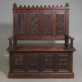Renaissance Style Gothic Carved Oak Hall Bench c.1890's